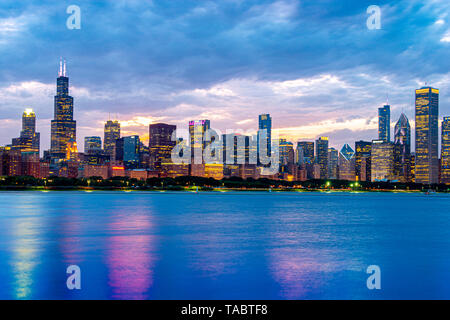 Chicago Skyline seen from the Adler Planetarium during sunset on a hot summer day. Stock Photo