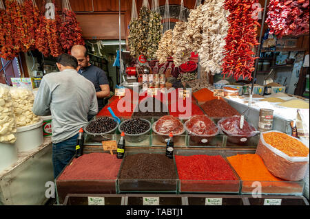 Spice shop in Almaci bazaar.Many of the local specialties as well as savory foods shared with other regions of Turkey are prepared with Aleppo pepper Stock Photo