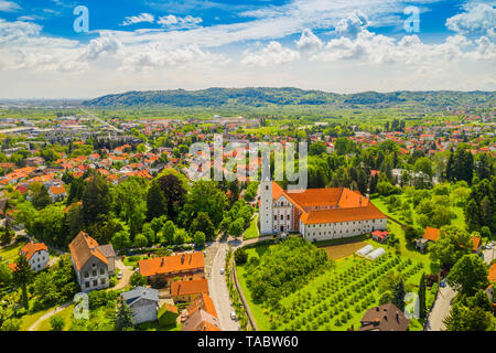 Town of Samobor in Croatia, catholic church and monastery, aerial view from drone Stock Photo