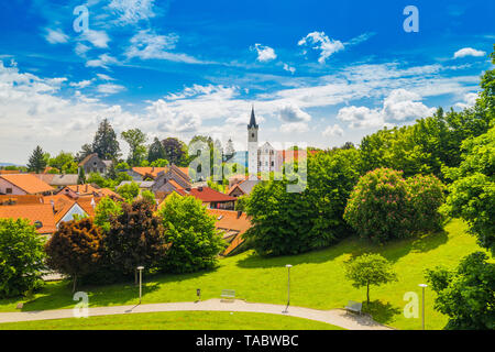 Town of Samobor in Croatia, catholic church and monastery, aerial view from drone Stock Photo