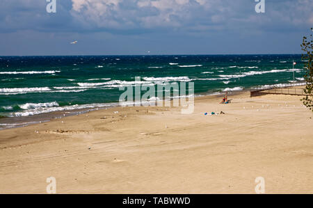 beach scene; Lake Michigan; water; waves, sand; sea gulls, woman, Warren Dunes State Park; Sawyer; MI; summer; horizontal Stock Photo