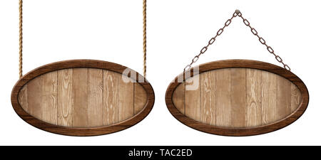Oval wooden board made of natural wood and with dark frame hanging on ropes and chains Stock Photo