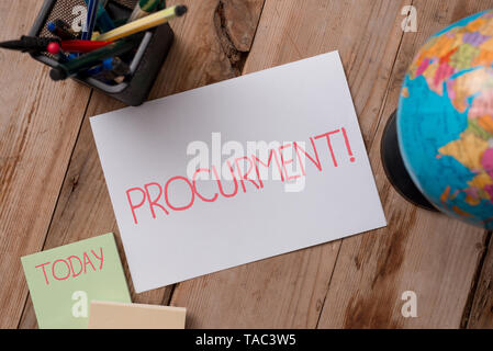 Writing note showing Procurment. Business concept for action of acquiring military equipment and supplies Writing equipments and sheets with artificia Stock Photo