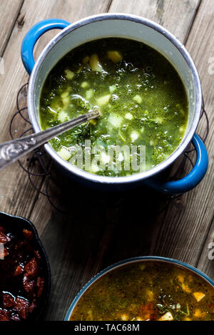 Caldo verde, soup with green cabbage, chorizo and potato Stock Photo