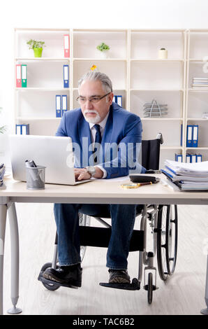 Aged employee in wheelchair working in the office Stock Photo