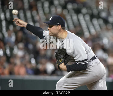 Baltimore, Maryland, USA. 22nd May, 2019. New York Yankees relief pitcher Adam Ottavino (0) works in the seventh inning against the Baltimore Orioles at Oriole Park at Camden Yards in Baltimore, MD on Wednesday, May 22, 2019. The Yankees won the game 7 - 5 Credit: Ron Sachs/CNP/ZUMA Wire/Alamy Live News Stock Photo