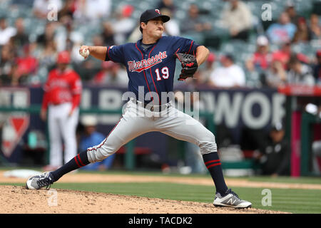 Anaheim, California, USA. 23rd May 2019. Minnesota Twins relief pitcher Ryne Harper (19) pitches in relief for the Twins during the game between the Minnesota Twins and the Los Angeles Angels of Anaheim at Angel Stadium in Anaheim, CA, (Photo by Peter Joneleit, Cal Sport Media) Credit: Cal Sport Media/Alamy Live News Stock Photo