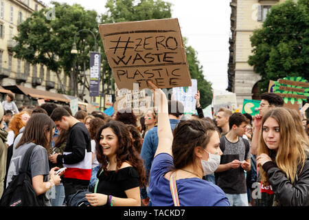 Turin, Italy. 24th May, 2019. Campaigners for action on climate change protest with home-made placards in city centre as part of Fridays for Future climate strikes. Credit: MLBARIONA/Alamy Live News Stock Photo