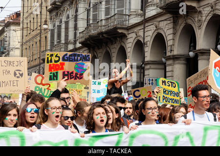 Turin, Italy. 24th May, 2019. Campaigners for action on climate change protest with home-made placards in city centre as part of Fridays for Future climate strikes. Credit: MLBARIONA/Alamy Live News Stock Photo