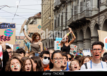 Turin, Italy. 24th May, 2019. Campaigners for action on climate change protest with home-made placards in city centre as part of Fridays for Future climate strikes. Credit: MLBARIONA/Alamy Live News Stock Photo