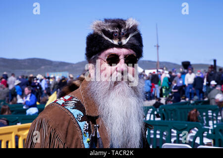 Paul the Mountain Man at the ceremony celebrating the 150th anniversary of the completion of the Transcontinental Railroad at the Golden Spike Nationa Stock Photo