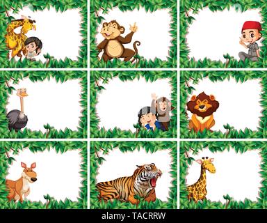 Set of wild animal on nature border illustration Stock Vector