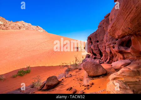 The red sand at the desert of Wadi Rum, Jordan. Stock Photo