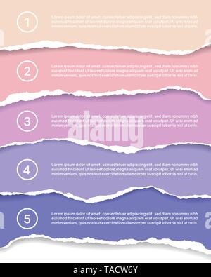 Illustration infographics for five steps with colorful torn papers, numbers and text - vector Stock Vector