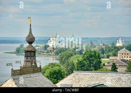 = Spaso-Yakovlevsky Monastery at Lake Nero in Spring Morning =  View from the observation deck of a water tower of Rostov Kremlin on the Spaso-Yakovle Stock Photo