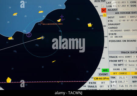 santos outer roads 24.12 s  046.17 w , brazil - 2014.02.07: screen of electronic chart display information system (edis) on the bridge of containershi Stock Photo