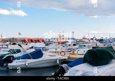 GARRUCHA, SPAIN - FEBRUARY 2, 2019   A beautiful marina with luxury yachts and motor boats in the tourist seaside town of Garrucha Stock Photo