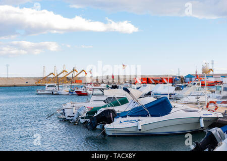 GARRUCHA, SPAIN - FEBRUARY 2, 2019   A beautiful marina with luxury yachts and motor boats in the tourist seaside town of Garrucha Stock Photo