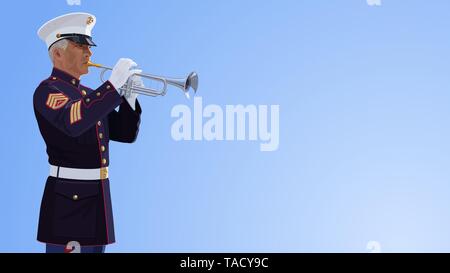 Trumpeter of American Marine Corps is standing against a sky. USMC musician plays the trumpet. Staff sergeant dressed in a blue uniform. Memorial Day Stock Vector