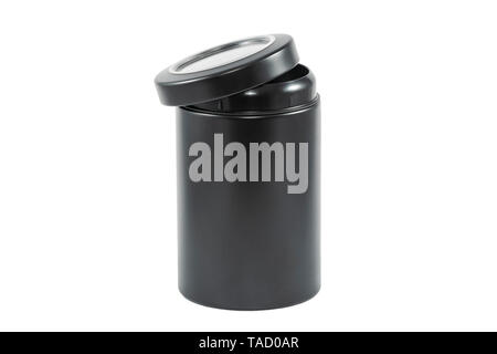 black metal container with a lid with a window for bulk products isolated on white background Stock Photo