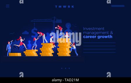 Web site page design template. Vector illustration people are working on financial issues. Investment management, career growth to success concept. Stock Vector