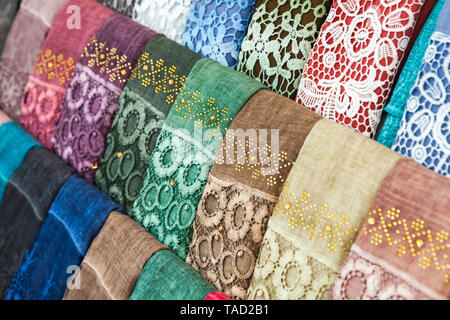 Colorful oriental shawls. Aqaba, Jordan Stock Photo