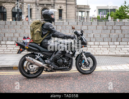 Liverpool, Merseyside. 24th May, 2019 UK Weather: Fine, calm conditions as up to 200 motorcyclists queue to board the morning  ferry to the Isle of Man to attend the island TT races.  Extra ferry services are to be added to cope with the large demand for spectators travelling to attend this year’s top motor sport week of qualifying event and the fastest road race on the planet. Credit: MediaWorldImages/AlamyLiveNews Stock Photo