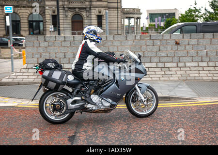 Liverpool, Merseyside. 24th May, 2019 UK Weather: Fine, calm conditions as up to 200 motorcyclists queue to board the morning ferry to the Isle of Man to attend the island TT races.  Extra ferry services are to be added to cope with the large demand for spectators travelling to attend this year’s top motor sport week of qualifying event and the fastest road race on the planet. Credit: MediaWorldImages/AlamyLiveNews Stock Photo