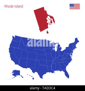 The State of Rhode Island is Highlighted in Red. Blue Map of the United States Divided into Separate States. Map of the USA. Stock Photo