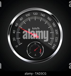 Realistic illustration of speedometer with red pointer, white numbers and chrome circular frame. Tank and fuel level meter on black background - vecto Stock Vector