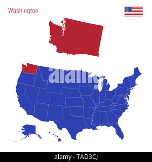 The State of Washington is Highlighted in Red. Blue Map of the United States Divided into Separate States. Map of the USA Split into Individual States Stock Photo