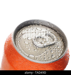Top of aluminum can with drops of water isolated on white background Stock Photo