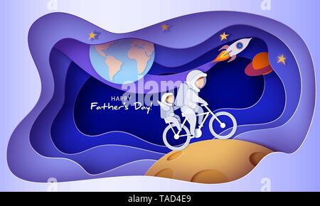 Father and son in space suits riding bike on the Moon. Happy fathers day card. Paper cut style. Vector illustration Stock Vector