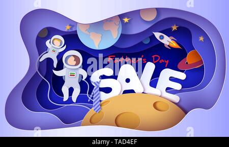 Father and son in space suits flying in cosmos space. Happy fathers day sale card. Paper cut style. Vector illustration Stock Vector