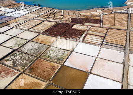 Spain, Canary Islands, Lanzarote, Yaiza, salt mining fields, aerial view Stock Photo