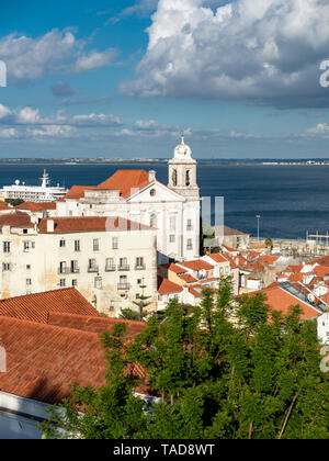 Portugal, Lisbon, Alfama, View from Miradouro de Santa Luzia over district with Sao Vicente de Fora Monastery, River Tagus Stock Photo