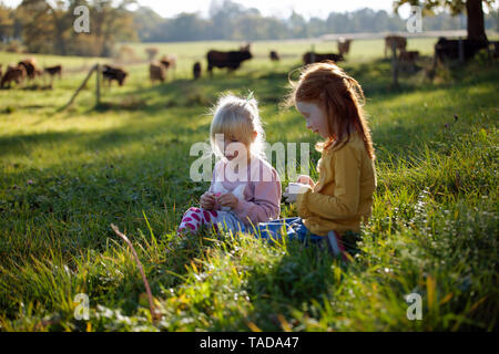 Two sisters sitting in rural field Stock Photo