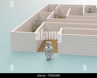 3D rendering, Toy robot leaving a maze Stock Photo