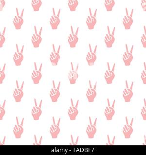 Seamless vector pattern with victory gesture. Two fingers raised up. Gesturing of peace and success. Design for textile, banner, poster or print. Stock Vector