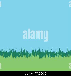 Lawn background. Grass blades and blue sky. Square vector illustration. Stock Vector
