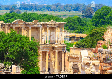 Celsus Library and old ruins close-up details view in Ephesus, Efes, Turkey Stock Photo