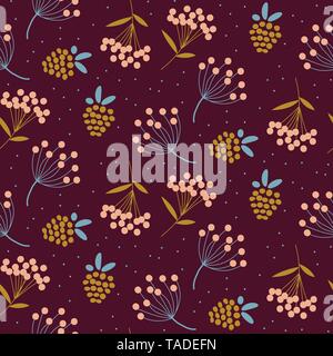 Dandelions and strawberry purple colors seamless vector pattern. Stock Vector