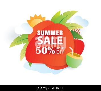 Summer sale banner paper cut template. Red abstract geometric. Use for poster, sticker, badge, ads, tag. Stock Vector