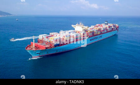 Aerial footage of Maersk Shipping Line ultra large container vessel (ULCV) cruising in the Mediterranean sea. Stock Photo