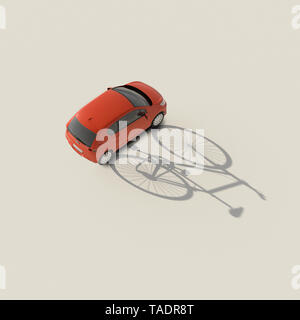 3D rendering, Red car casting shadow of a bicycle Stock Photo