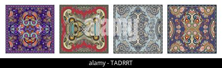 set of authentic silk neck scarf or kerchief square pattern design Stock Vector