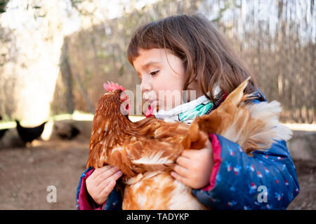 Toddler girl talking to chicken on her arms Stock Photo