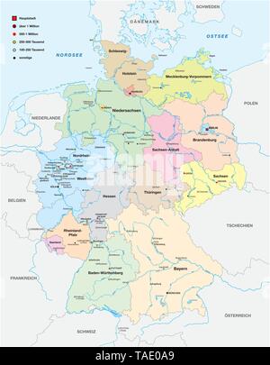 map of germany with all cities over one hundred thousand inhabitants in german language Stock Vector