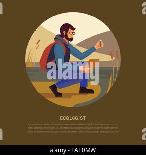 Design concept with an illustration of a ecologist in nature who takes samples from the reservoir. Stock Vector