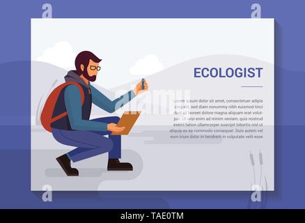 Design concept with an illustration of a ecologist in nature who takes samples from the reservoir. Stock Vector